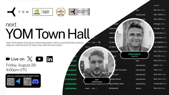A promotional graphic for a 'YOM Town Hall' event featuring speakers Rohan Solanki and Dirk, live on Friday, August 28 at 4:00pm UTC.