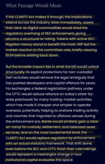 The image shows a text document with information about the CLARITY Act. It appears that there are two main points of interest within this document, one being XRP's position as benefiting from the clarity act. The other point is related to the SEC's review of the act and its impact on the market.