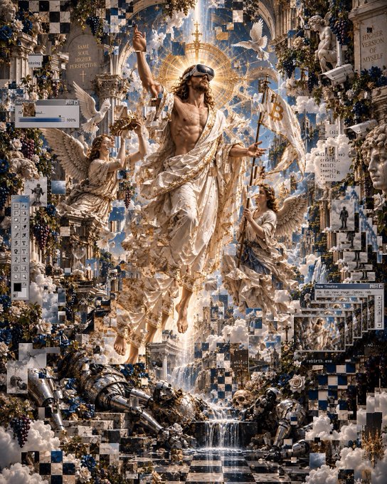 An elaborate, maximalist digital artwork or collage blending classical religious painting of a resurrected figure with modern interface elements like toolbars, icons, and error windows, set amidst clouds, ruins, and checkered patterns.