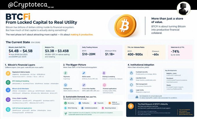 A BTCFi infographic titled “From Locked Capital to Real Utility” explains Bitcoin’s transition toward productive financial collateral, with figures including $4.4B–$4.5B, $3.3B–$3.45B, $10–20M, $1.1B+, 400–900x, and -74%.
