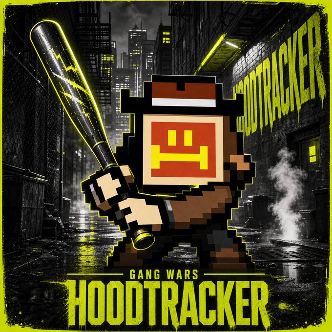 A stylized video game artwork for "HOODTRACKER - GANG WARS" features a pixelated brown character holding a yellow glowing baseball bat in a dark urban alley setting.