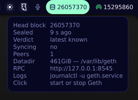 A status panel showing Geth node information with head block 26057370, 1 peer connected, and a 461GiB datadir at /var/lib/geth, with RPC at http://127.0.0.1:8545 and clickable start/stop controls—illustrating current Ethereum Sepolia testnet block production as developers evaluate raising the gas limit.