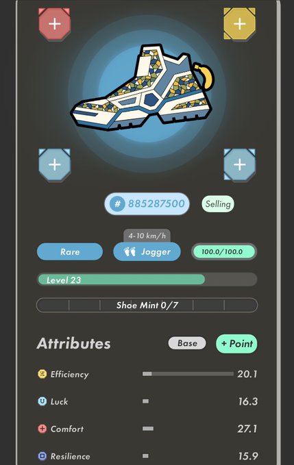 A STEPN-style NFT sneaker app showing a rare Jogger sneaker (#885287500) for sale, level 23, with attributes: Efficiency 20.1, Luck 16.3, Comfort 27.1, and Resilience 15.9.