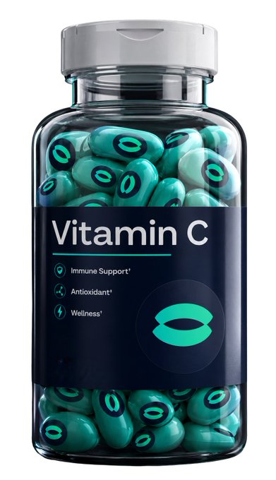 The image features a bottle of Vitamin C pills, which are blue and green in color. The text "Vitamin C" is written on the label, indicating that these pills contain vitamin C as their active ingredient. The bottle has a clear glass body with a white cap, making it easy to see the contents inside. The post suggests taking one pill per day for optimal health benefits, which aligns with the purpose of Vitamin C in supporting immune function and overall well-being.
