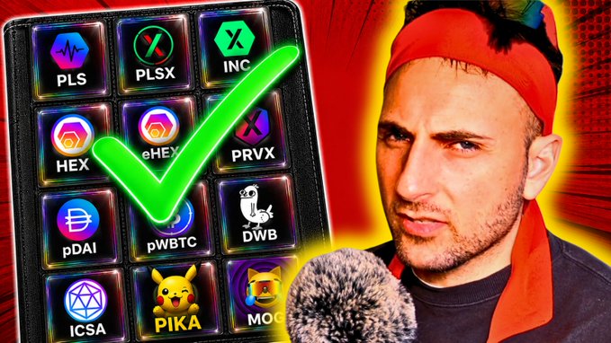 A YouTube thumbnail shows a man in a red backwards cap speaking into a furry microphone, next to a black board displaying various crypto token logos with names like PLS, PLSX, INC, HEX, eHEX, PRVX, pDAI, pWBTC, DWB, ICSA, PIKA, and MO, with a large green checkmark highlighting the listed coins, tying into the video's promotion of PulseChain (PLS) and its ecosystem tokens.