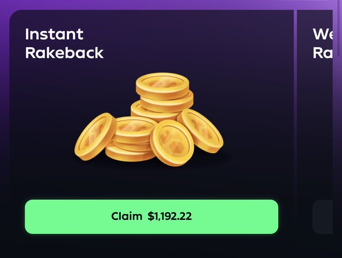 A digital interface displays an 'Instant Rakeback' feature with a stack of golden coins and a green button to 'Claim $1,192.22'.