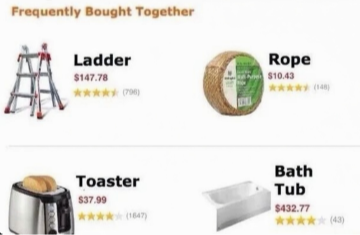 The image displays a "Frequently Bought Together" section featuring four items: a Ladder ($147.78), Rope ($10.43), Toaster ($37.99), and Bath Tub ($432.77), each with star ratings. The accompanying post humorously suggests updating one's shopping cart with these items, implying these are essentials needed to follow viral internet personalities or trends like "punch, pnut, penguin, asteroid, ansem, cashcat, brian, jimothy."