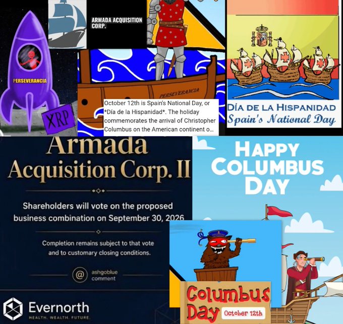 A collage about Columbus Day features images related to Día de la Hispanidad and Spain's National Day on October 12th, along with a mention of Armada Acquisition Corp. II and EverNorth.