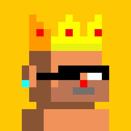 A pixel art illustration of a character with a yellow crown and red jewels, wearing a black visor or glasses, against a solid yellow background.