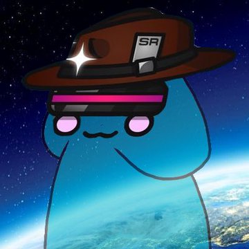 A cartoon illustration of a blue character wearing a brown hat with an 'SR' logo and a pink visor, set against a space background with Earth below.