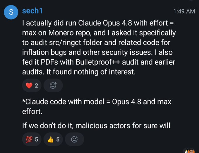 The focus of the image is a black text box that contains an explanation of the code posted by someone named S. It seems to be a screenshot from a social media platform, as indicated by the presence of emojis and other visual elements. The text in the image states "I actually did run Claude Opus 4.8 with effort = max on Monero repo, and I asked it specifically to...", showing that the user is sharing their experience with the latest release of a programming language or framework.