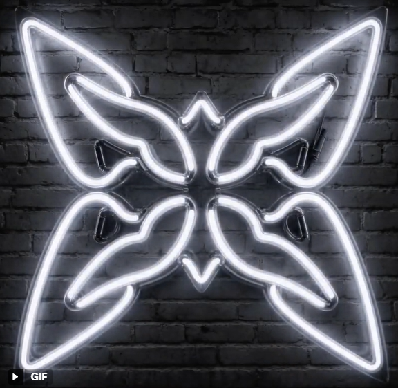 White neon butterfly light displayed on a dark brick wall, similar in shape to the logo in image 2.