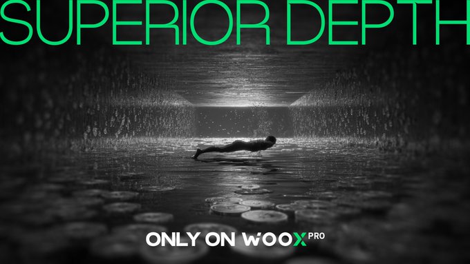 The image features a person lying down with their head above water, surrounded by circles of varying sizes. The caption reads "Superior Depth" and "Only on Woox Pro", which suggests that this image may be related to the Woox Pro advertisement or promotion for the website.