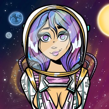 A cartoon illustration of a female character in a futuristic space suit with a transparent helmet, set against a cosmic background with planets.