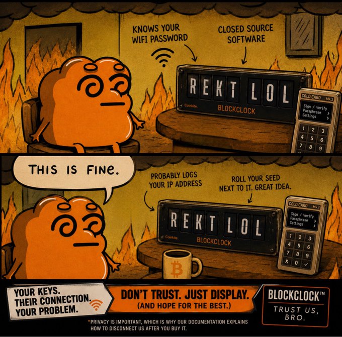 A comic-style ad for Blockclock featuring the 'This is Fine' meme dog in a burning room, with text like 'REKT LOL', 'KNOWS YOUR WIFI PASSWORD', 'CLOSED SOURCE SOFTWARE', and 'DON'T TRUST. JUST DISPLAY.'