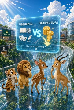 A colorful promotional graphic featuring a tiger, lion, and two deer standing on a rooftop beneath a 'VS' competition banner comparing material wealth versus a fulfilled life, with luxury brand logos like ROLEX and PRADA visible.