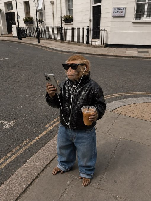 A photograph of a monkey dressed in a black leather jacket, blue jeans, sunglasses, and earphones, standing on a sidewalk while holding a smartphone and an iced coffee cup, with a sign for 'WILBRAHAM PLACE SW1' in the background.