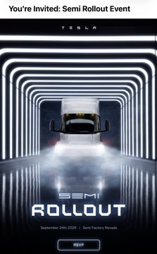 A Tesla invitation for a Semi Rollout Event on September 24th, 2026, at Semi Factory Nevada, showing a Tesla Semi truck in a futuristic lit tunnel.