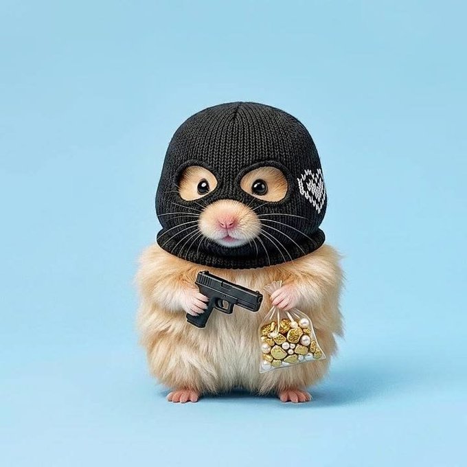 An AI-generated image shows a small fluffy hamster wearing a black knit balaclava mask, holding a black handgun in one paw and a clear bag of gold coins in the other against a light blue background.