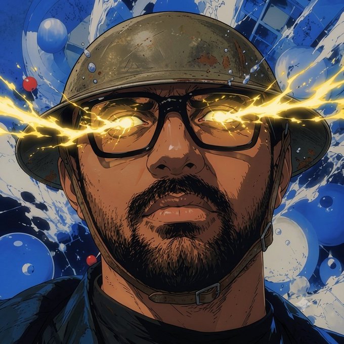 A stylized comic-book illustration of a bearded soldier wearing a helmet and glasses, with intense glowing yellow lightning emitting from his eyes against a blue, abstract background.