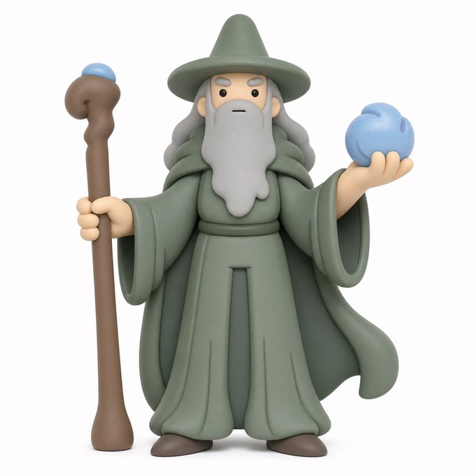 A 3D-rendered cartoon wizard figurine in a green robe and pointed hat holds a wooden staff in one hand and a blue orb in the other.
