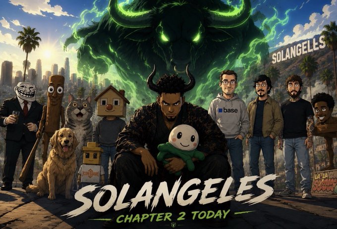 A promotional illustration for "$SOLANGELES" features a dark, horned figure crowned by a glowing green skull looming over a lineup of meme characters, celebrities, and a golden retriever, with "CHAPTER 2 TODAY" displayed prominently. The artwork aligns with the post announcing the launch of $SolAngeles Chapter 2 and the creator's excitement about incorporating celebrities or influencers to boost the project's reach.