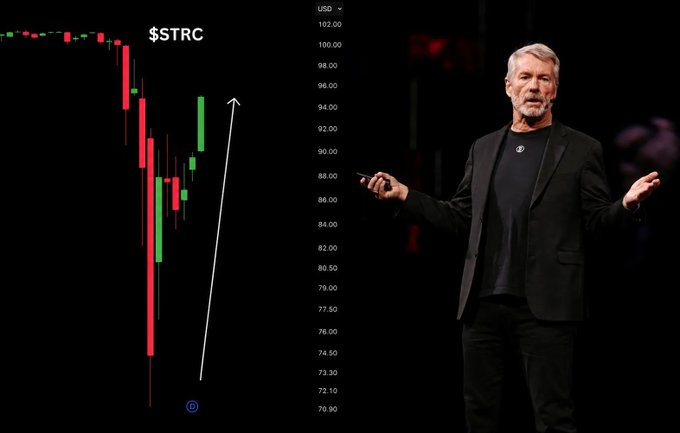 A bearded man in a black blazer gestures while presenting a candlestick chart of $STRC, showing a sharp price recovery climbing toward a 51-day high of 94.60, aligning with Strategy's recent Bitcoin-favored momentum.