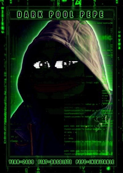 A dark cyberpunk-style digital poster featuring a hooded Pepe figure with pixelated sunglasses against a green Matrix-like background, with text reading 'DARK POOL PEPE' at the top and 'YEAR=2469 FIAT=OBSOLETE PEPE=INEVITABLE' at the bottom.