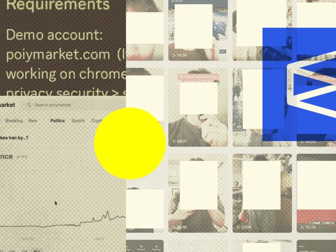 A presentation slide titled 'Requirements' showing a demo account at poimarket.com, a search bar, category filters (Breaking, New, Politics, Sports, Crypto), a line graph, and a grid of video thumbnails partially obscured by a yellow circle.