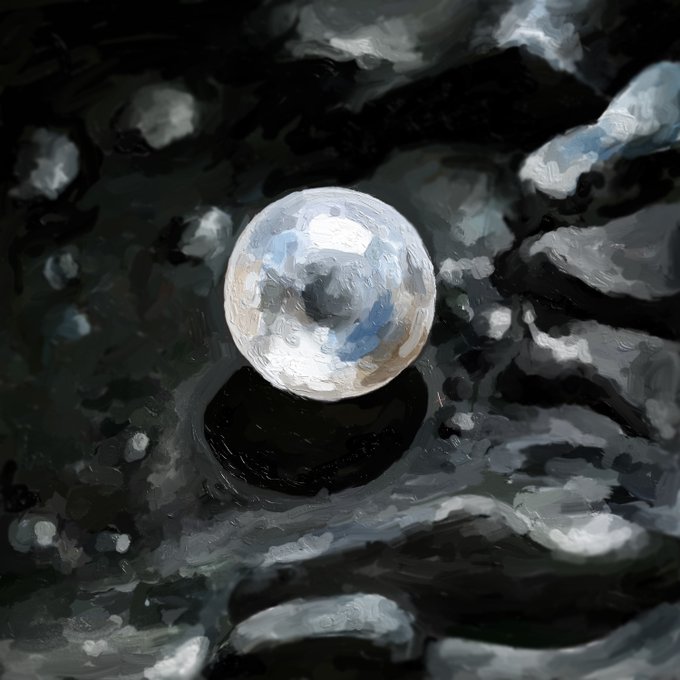 A painted artistic image showing a glass or crystal sphere resting on dark, rocky ground with light reflecting off its surface.
