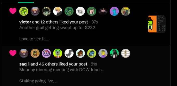 A screenshot of social media notifications showing 'victor and 12 others liked your post' with the text 'Another grail getting swept up for $232' and 'saq_l and 46 others liked your post' with 'Monday morning meeting with DOW Jones.'