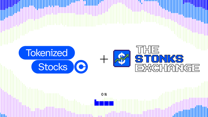 A promotional graphic showing 'Tokenized Stocks' and 'THE STONKS EXCHANGE' logos separated by a plus sign, with 'ON BASE' text below.