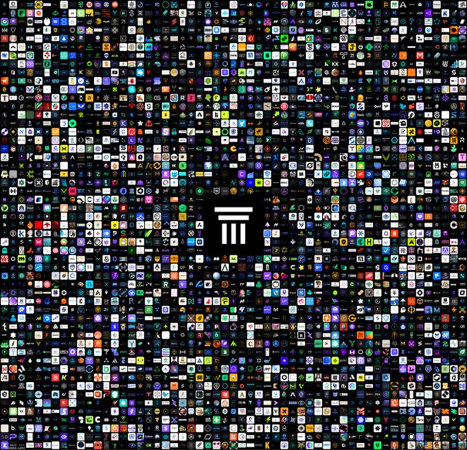 A dense mosaic of hundreds of small, colorful app and project icons surrounds a central "m" logo, with the surrounding "final result" post celebrating a competition expansion that awarded 25 Top Winners alongside 1 Grand Champion, 1 University Award, and 1 Public award.