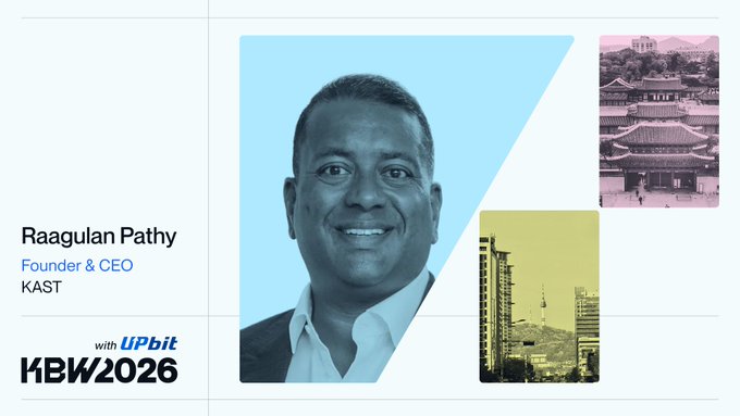 A promotional graphic for KBW2026 featuring Raagulan Pathy, Founder & CEO of KAST, with images of Korean architecture and cityscapes.
