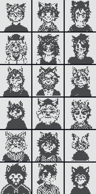 A grid of 18 black-and-white pixel art portraits from the normiesART collection, each featuring cat-eared characters with varying hairstyles, expressions, and designs. The caption "Those are my" at the end suggests the poster is showcasing their personally owned cat-type normies from the rare 107-piece collection.