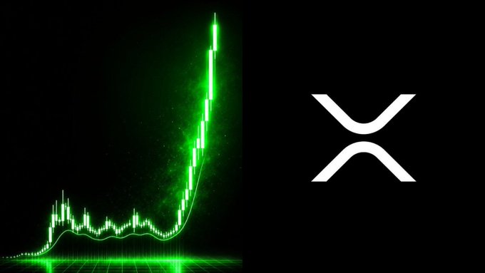 A glowing green candlestick chart rockets upward against a black background next to the white XRP logo, visually reinforcing the post's claim of a massive impending price surge as trillions are expected to rotate into crypto by mid-October.