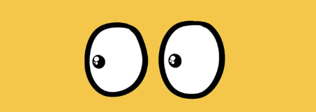 A simple cartoon drawing of two large eyes on a yellow background.