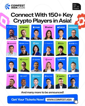 A promotional poster for CoinFest Asia 2026 (August 20-21, Singapore) featuring a grid of headshots from 150+ crypto industry leaders including representatives from Tokenize, Binance, OKX, BNB Chain, CoinMarketCap, and Pudu Robotics, matching the post's invitation to connect at the event. The graphic encourages viewers to "Get Your Tickets Now!" at coinfest.asia.