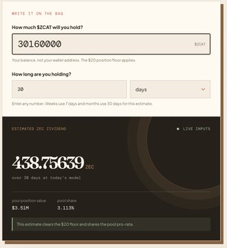The image shows a ZEC dividend calculator displaying that a holding of 30,160,000 $ZCAT over 30 days yields an estimated ZEC dividend of 438.75639 ZEC, with an uncollateralized value of $3.63M and a yield rate of 3.113%. This relates to the post's claim about a top $ZCAT whale earning substantial monthly income—approximately $438 in ZEC dividends—through their large token holding, illustrating how major holders generate significant passive income from the pool.