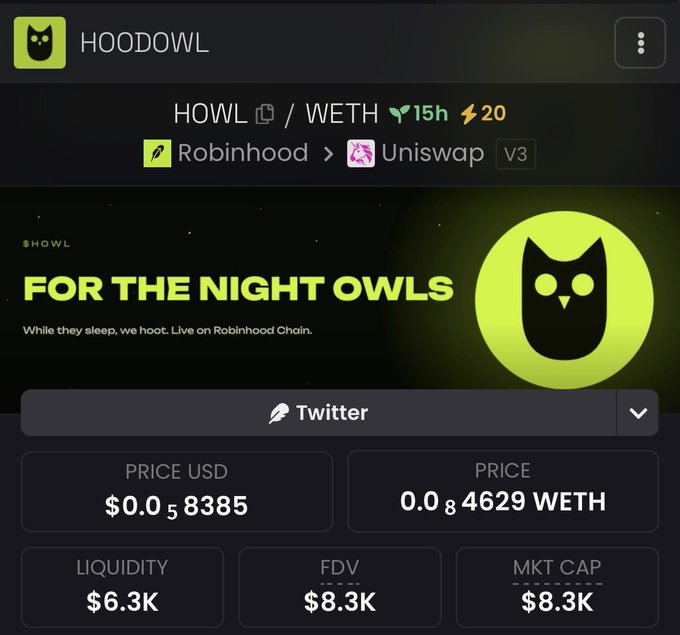 A Hoodowl (HOWL) token dashboard showing the Robinhood/Uniswap V3 pair with the tagline 'FOR THE NIGHT OWLS' and 'While they sleep, we hoot. Live on Robinhood Chain,' displaying a price of $0.058385 USD / 0.084629 WETH with $6.3K liquidity and $8.3K FDV/market cap.