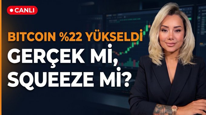 A blonde woman in a black blazer stands before a stock chart background in a YouTube thumbnail promoting a live stream. The bold text reads "BITCOIN %22 YÜKSELDİ GERÇEK Mİ, SQUEEZE Mİ?" (Bitcoin rose 22%, real or squeeze?) alongside a "CANLI" (Live) badge, advertising a Turkish-language broadcast scheduled for August 24 at 12:30 to analyze Bitcoin's significant price surge.