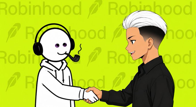 Two animated characters—one in a white hoodie with headphones and pipe, the other with white hair in a black shirt—shake hands against a green background covered in repeating "Robinhood" text, visually symbolizing the partnership between HoodleArt and RobiZukiNFT for a 100 GTD spot giveaway on the Robinhood chain.