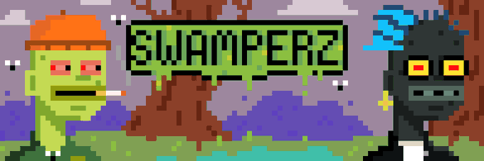 A pixel art image showing 'SWAMPER2' in green text, featuring a green zombie-like character in an orange cap smoking a cigarette and a black creature with yellow eyes.