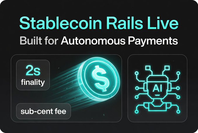 A promotional graphic titled 'Stablecoin Rails Live' with the tagline 'Built for Autonomous Payments,' featuring icons for a dollar coin and AI chip, along with text highlighting '2s finality' and 'sub-cent fee.'