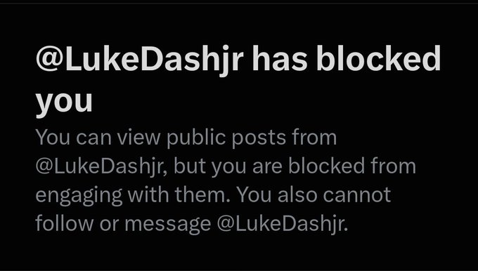 A notification screen stating '@LukeDashjr has blocked you', indicating the user is blocked from engaging with or messaging that account.