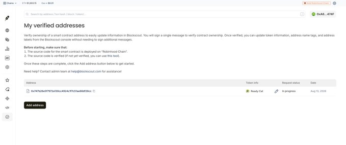 A screenshot of the Etherscan 'My verified addresses' page showing a smart contract address (0x747b3bd9772f30c4824cf5c75ae8d726a) with the token info request status marked as 'Ready Call' and 'In progress', dated Aug 15, 2024.