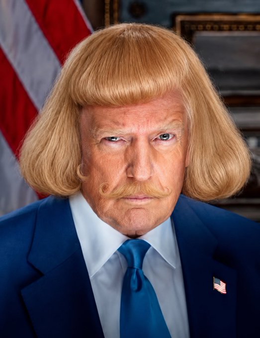 A humorous edited portrait of Donald Trump featuring a blonde bob haircut with bangs and curled mustache ends, wearing a blue suit, white shirt, and blue tie.