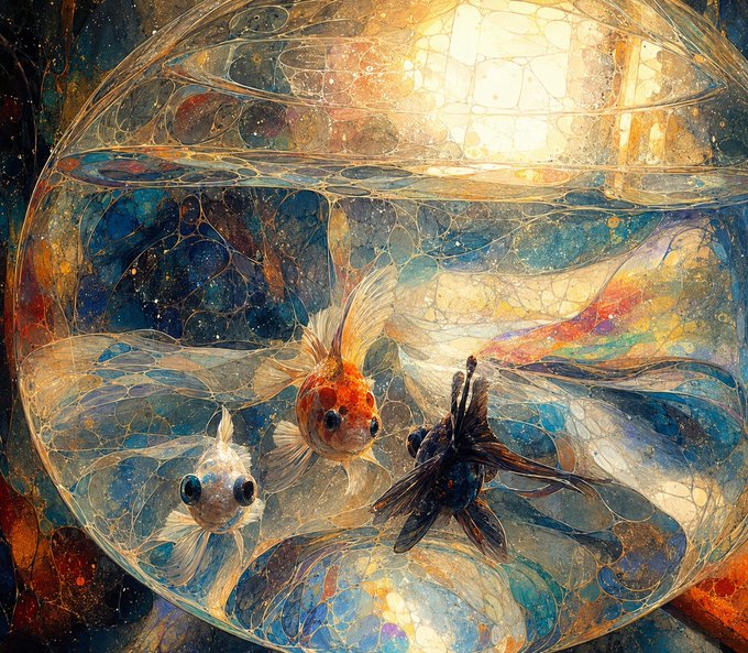 A vibrant, textured digital painting shows three colorful goldfish (white, orange, and black) swimming inside a cracked glass fishbowl filled with iridescent, swirling water.