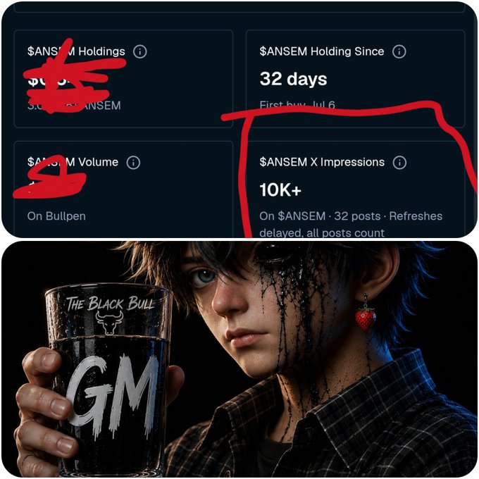 A split image showing a cryptocurrency dashboard for $ANSEM with '32 days' holding since July 6 and '10K+' X Impressions on Bullpen, alongside an anime-style character with a black-stained face holding a glass labeled 'The Black Bull GM'.