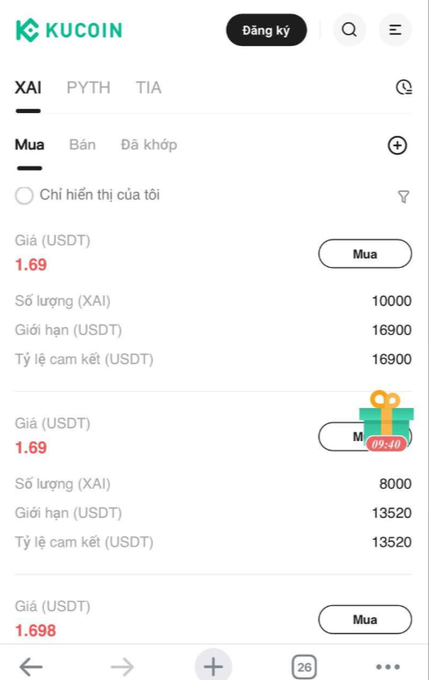 A KuCoin cryptocurrency exchange screenshot showing XAI token buy orders at $1.69 USDT, with quantities of 10,000 and 8,000 XAI listed.